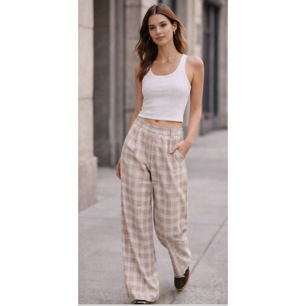 Lioness Mulholland Plaid Wide Leg Pants Beige High Rise Trouser XS